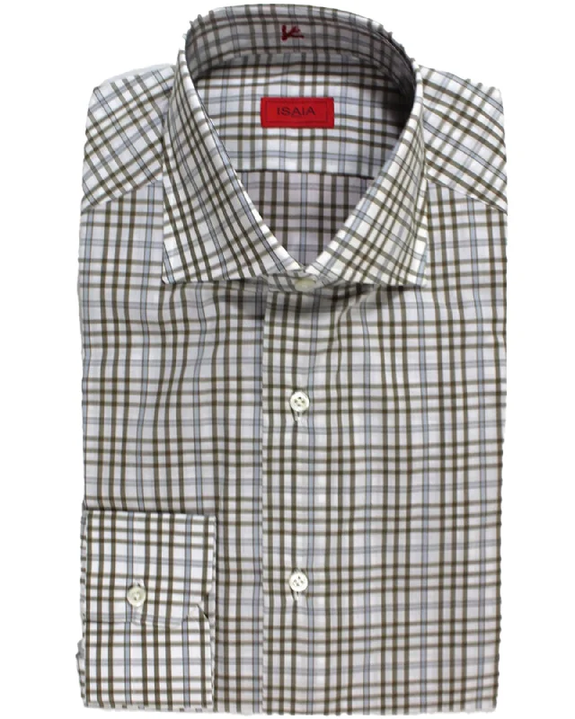 Isaia Shirt White Taupe Blue Glen Check 40 - 15 3/4 Regular Fit