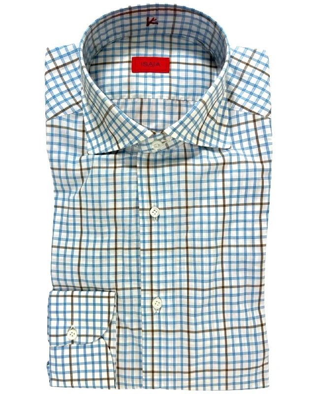 Isaia Shirt White Blue Brown Check 39 - 15 1/2 Regular Fit SALE