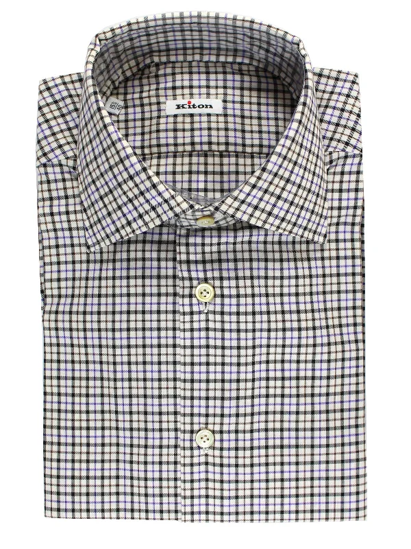 Kiton Dress Shirt White Black Purple Check 40 - 15 3/4 SALE