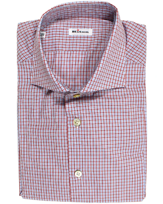 Kiton Dress Shirt White Red Sky Blue Check 42 - 16 1/2 REDUCED - SALE