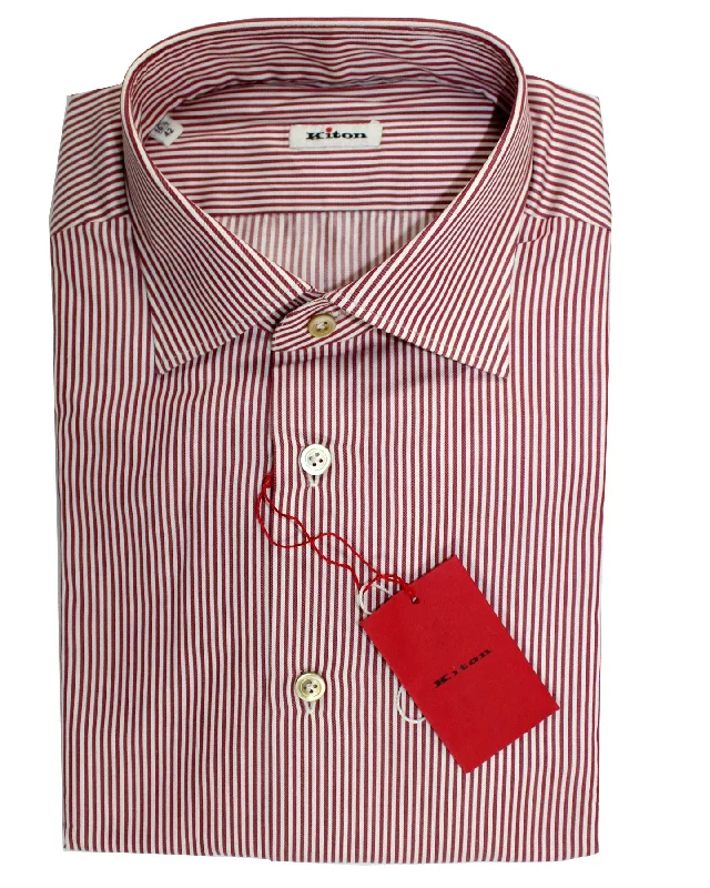 Kiton Shirt White Maroon Stripes Moderate Spread Collar 42 - 16 1/2