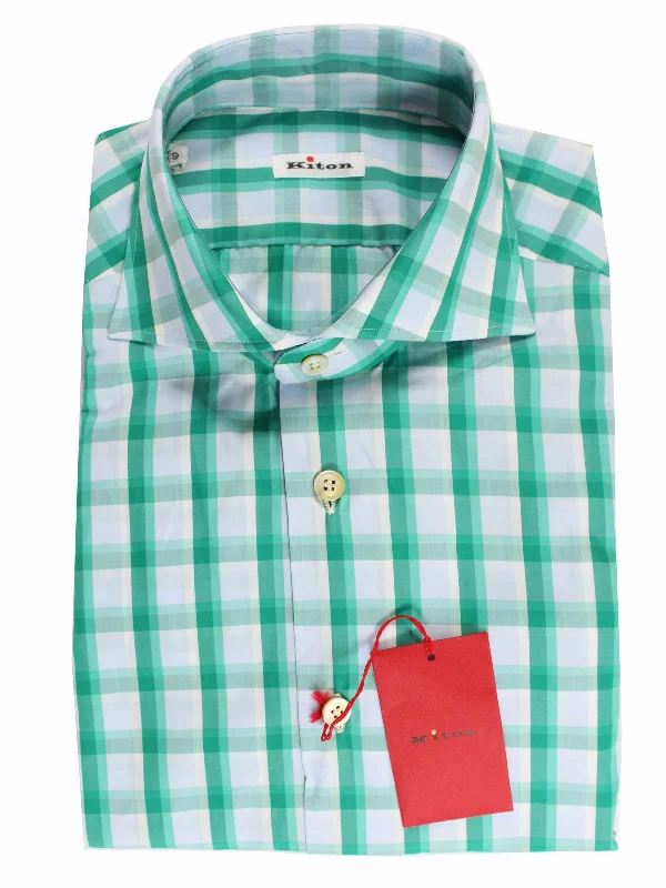 Kiton Shirt White Turquoise Green Check 39 - 15 1/2 REDUCED - SALE