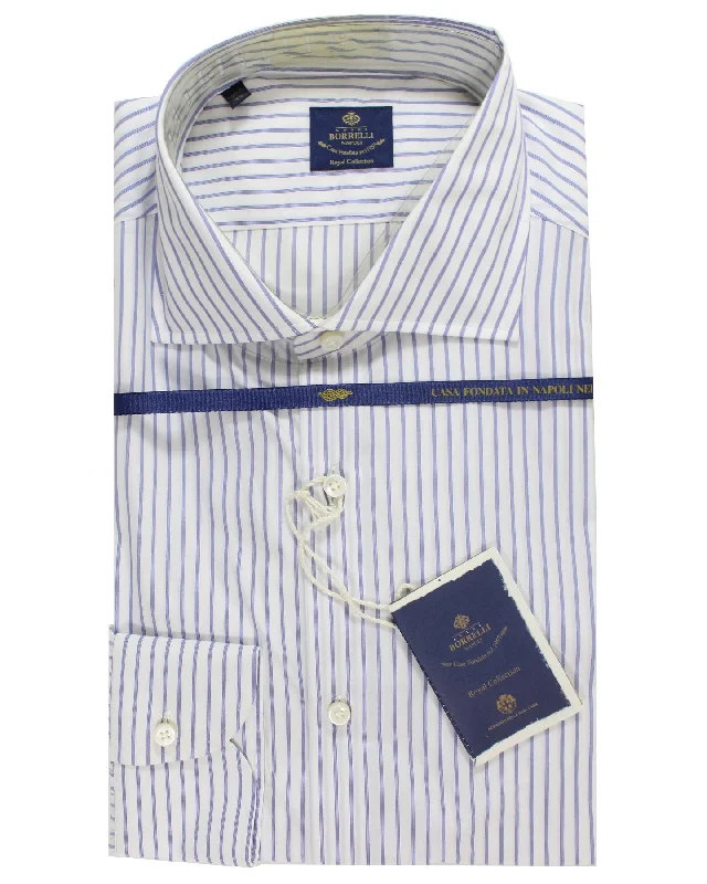 Luigi Borrelli Dress Shirt White Navy Quadruple Stripes Design 43 - 17 Royal Collection SALE