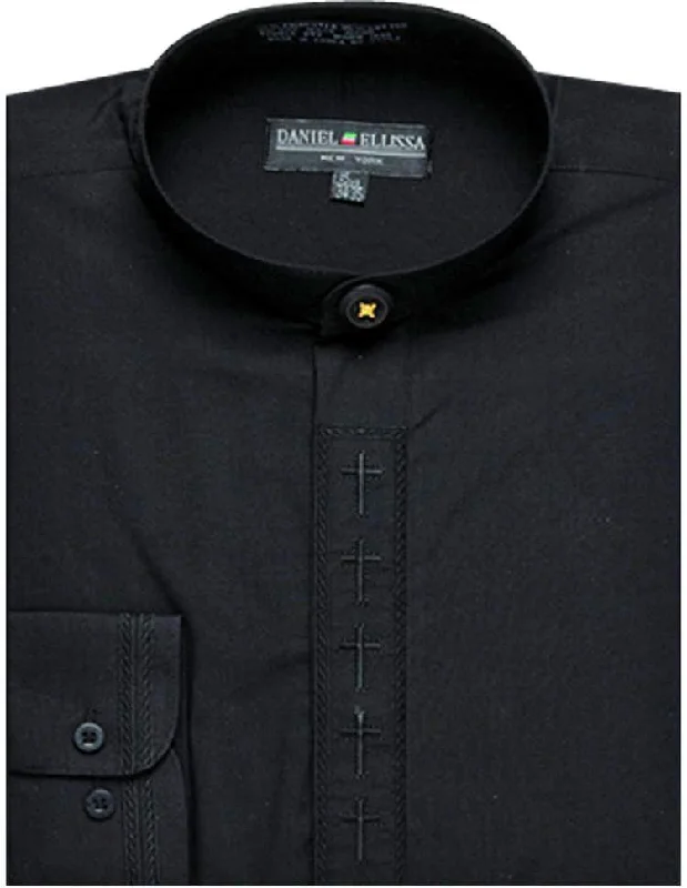 Men's Banded Collar Embroidered Convertible Cuff Shirt in Black/Black