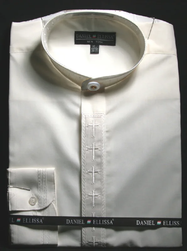 Men's Banded Collar Embroidered Convertible Cuff Shirt in Ivory