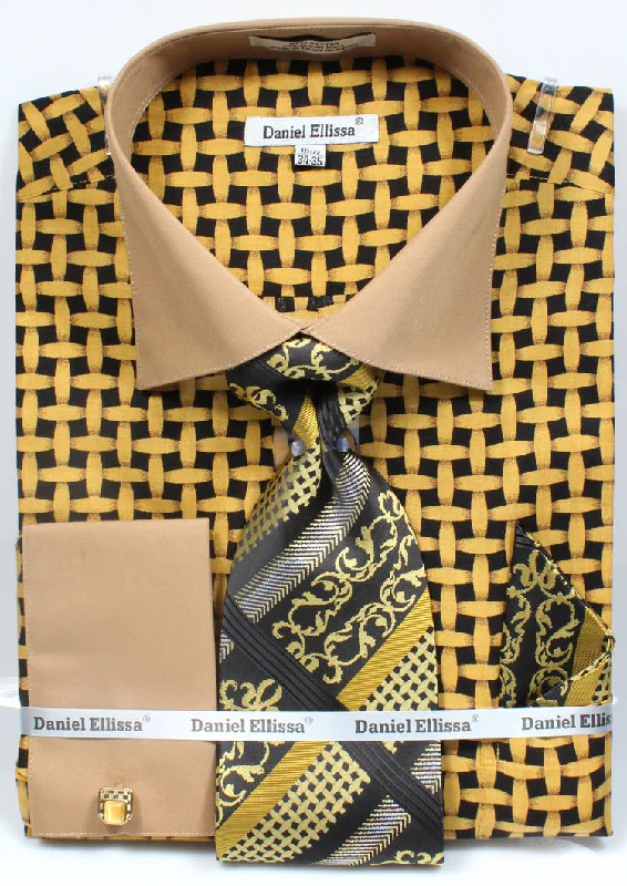 French Cuff Checker Pattern Cotton Shirt in Black/Mustard