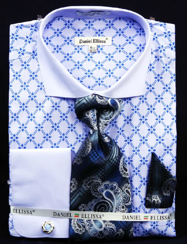 French Cuff Printed Two Tone Shirts in Blue with Tie, Cuff Links and Pocket Square