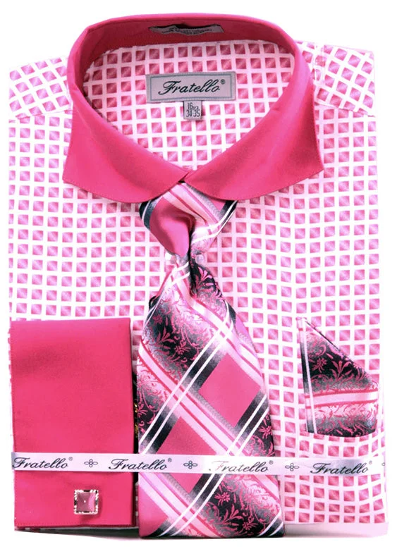 French Cuff Checker Pattern Cotton Shirt in Fuchsia