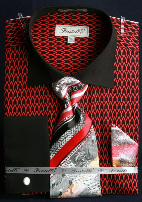 French Cuff Printed Tone on Tone Shirt in Black/Red with Tie, Cuff Links, and Pocket Square