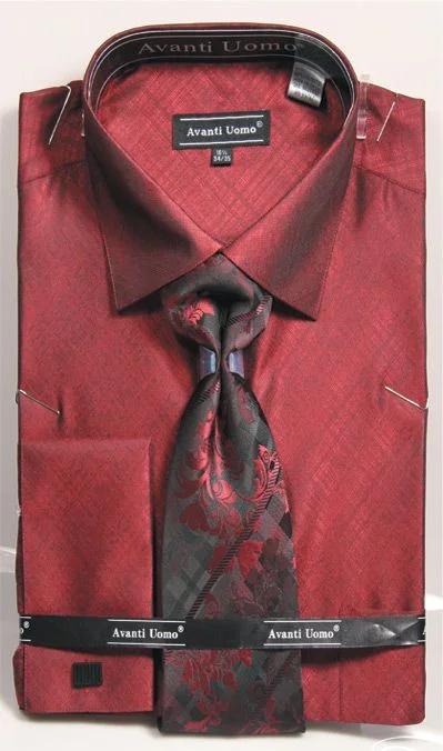 French Cuff Regular Fit Shirt in Burgundy with Tie, Cuff Links, and Pocket Square