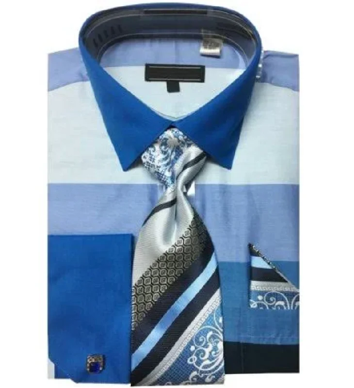 French Cuff Shirt in Blue with Tie, Cuff Links, and Pocket Square