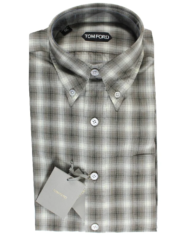 Tom Ford Button Down Sport Shirt Taupe Gray Plaid Check 39 - 15 1/2 REDUCED SALE