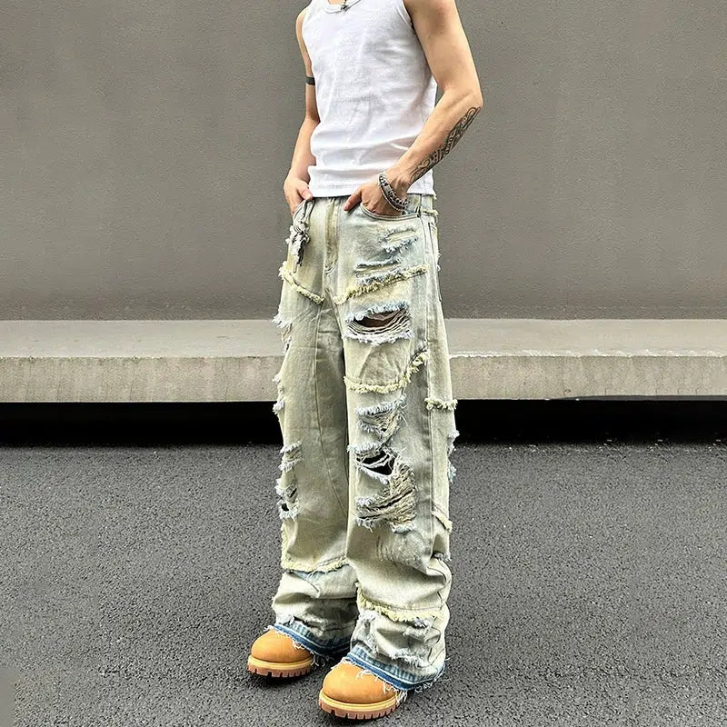 Baggy Jeans with Multi-Tier Rips