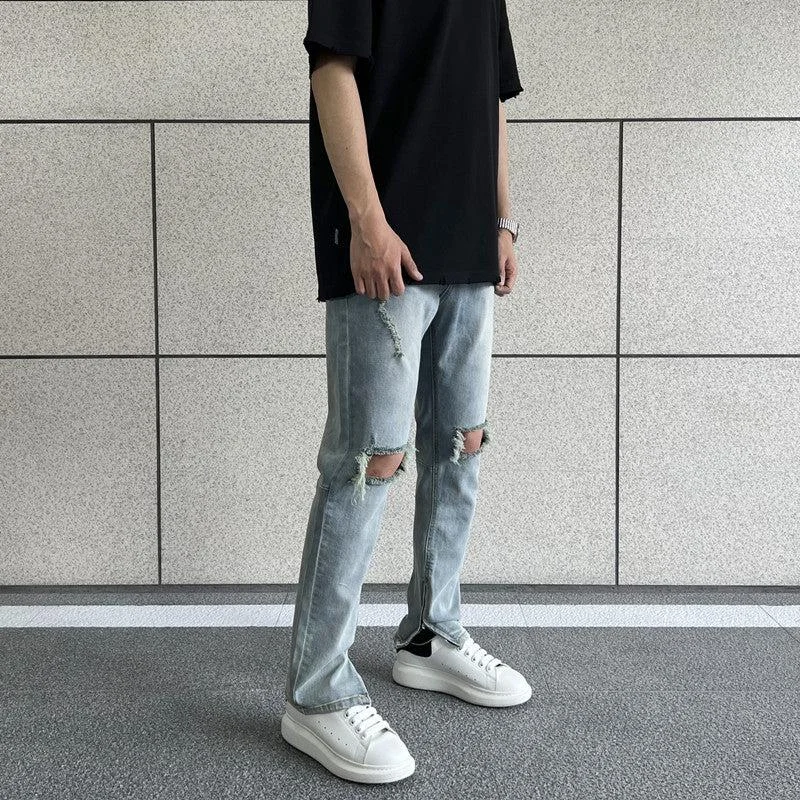 Side Slit Zipper Elastic Ripped Jeans