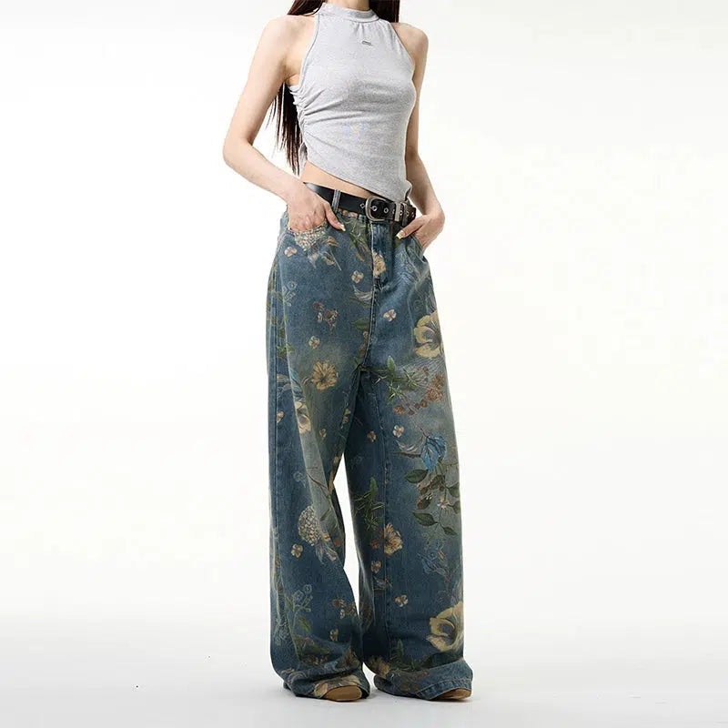 Floral Print Wide-leg Jeans