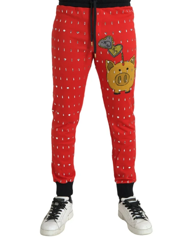 Dolce & Gabbana  Mens Red Piggy Bank Sweatpants with Rhinestone Detailing