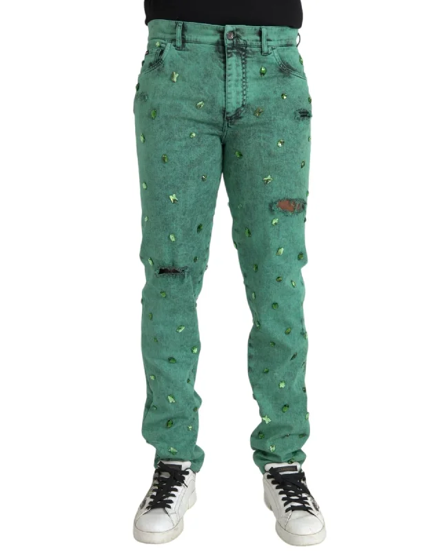 Dolce & Gabbana  Men's Skinny Fit Distressed Rhinestone Jeans - Green