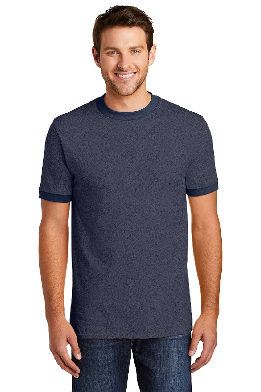 Port & Company Mens Core Ringer Short Sleeve Crewneck T-Shirt - Heather Navy Blue/Navy Blue