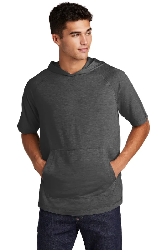 Sport-Tek Mens Moisture Wicking Short Sleeve Hooded T-Shirt Hoodie - Heather Dark Grey