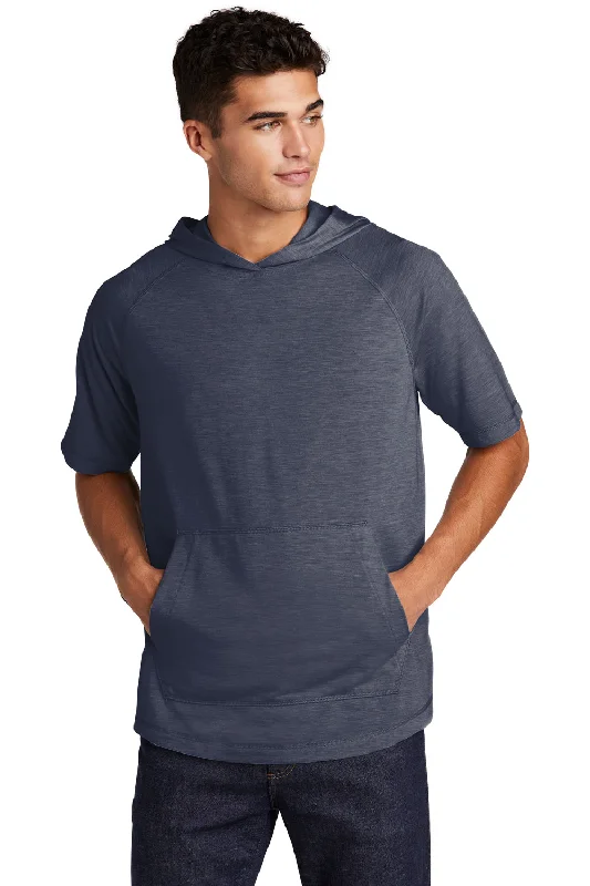 Sport-Tek Mens Moisture Wicking Short Sleeve Hooded T-Shirt Hoodie - Heather True Navy Blue