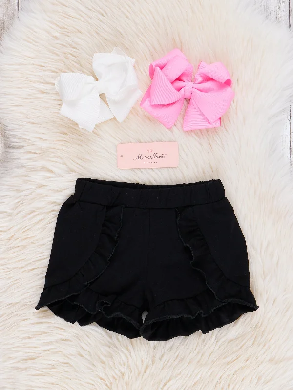 Black Ruffle Trim Cotton Shorts