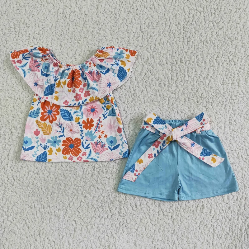 Clearance GSSO0099 Girls floral one-line shoulder bow blue shorts set high quality