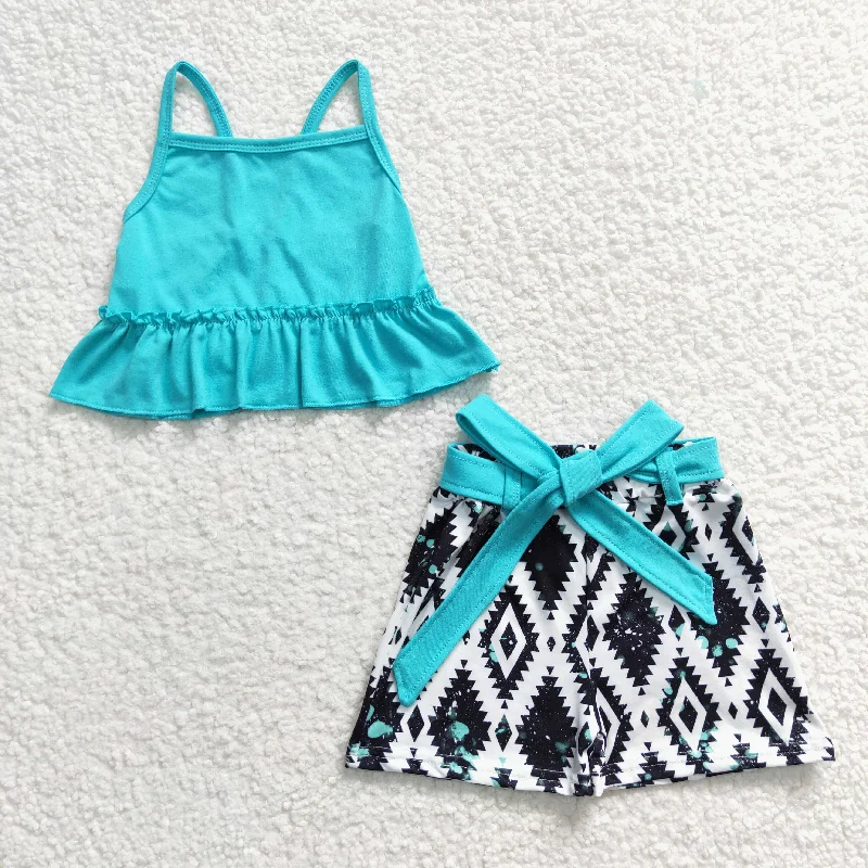 Clearance GSSO0201 Girls' blue suspender geometric shorts set