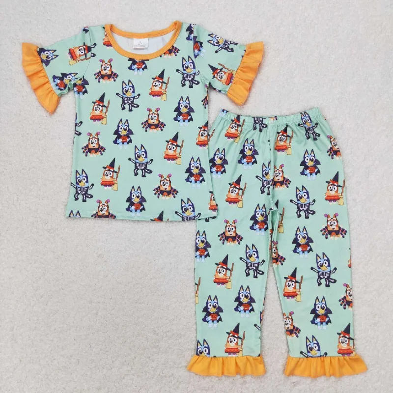 GSPO1573 Bluey Halloween pajama set with yellow and green lace shorts