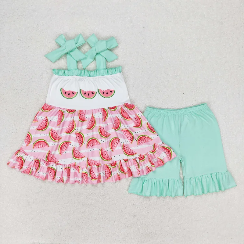 GSSO0709 Watermelon pink striped teal lace bow halter shorts set high quality girls clothing sets