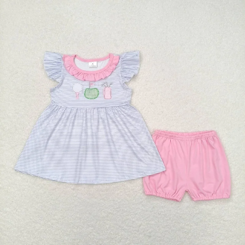 GSSO0767 Embroidered blue and white striped lace top pink cotton shorts high quality summer girls clothing sets