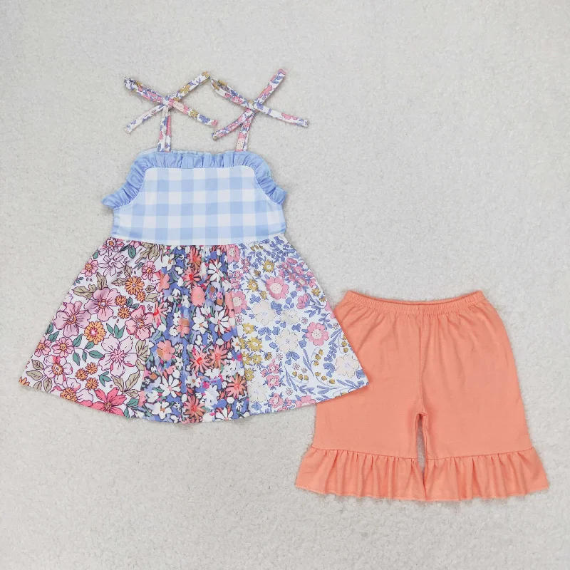 GSSO0990 Floral plaid lace suspenders Orange shorts set high quality girls clothing sets 3-4 years