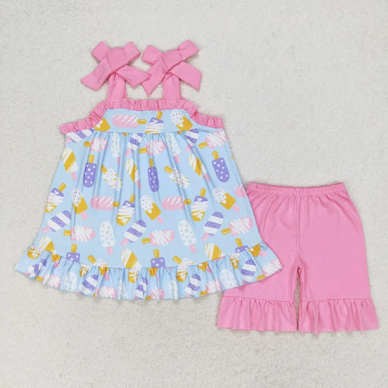 GSSO1037 Ice cream blue strap Pink shorts set High quality kids girl clothing sets 1 year party dresses