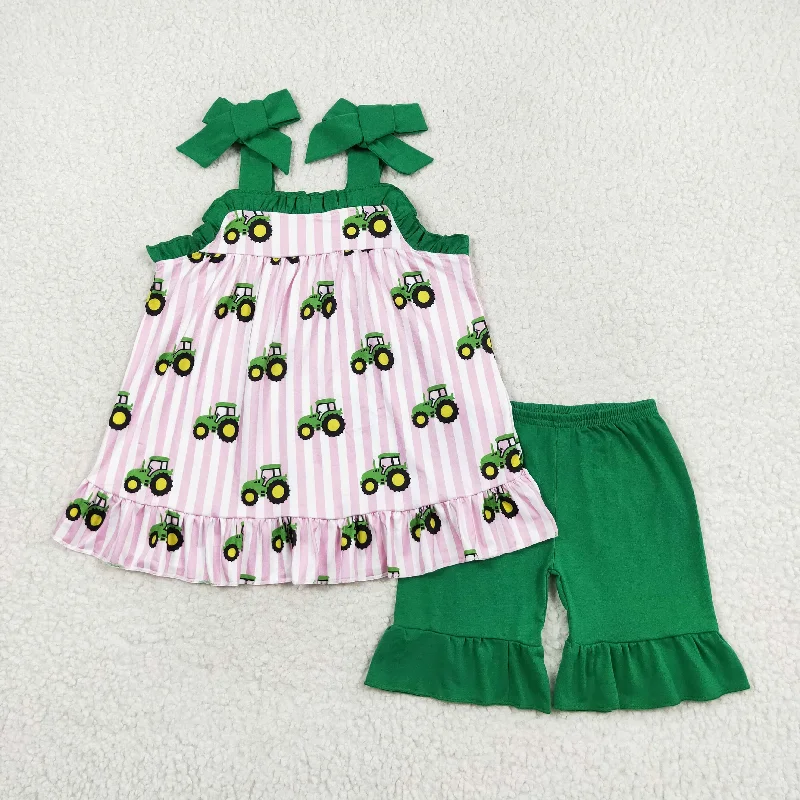 GSSO1222 Farm tractor Pink striped Green lace halter shorts set girls clothing sets 13 to 14