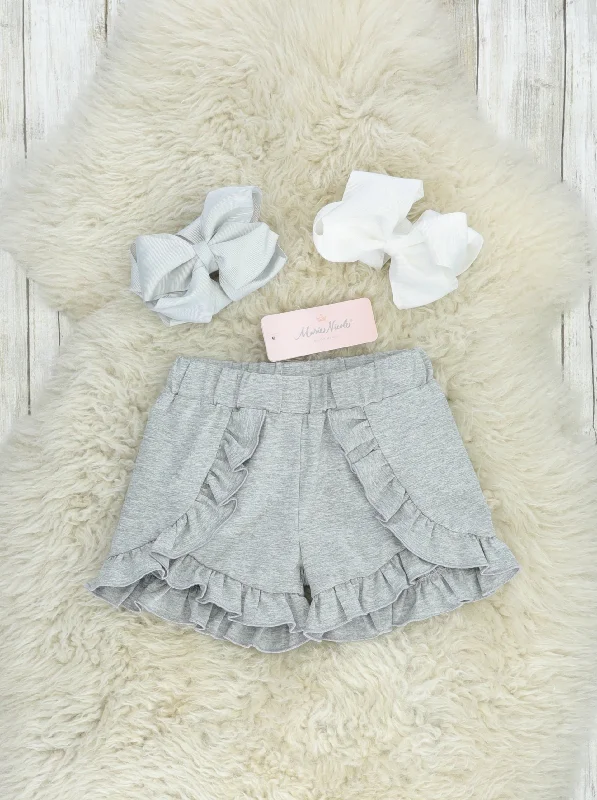 Heather Grey Ruffle Trim Cotton Shorts