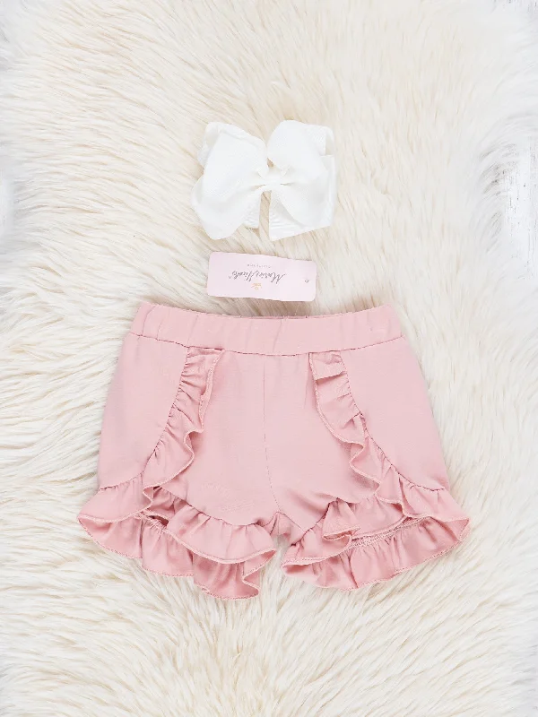 Mauve Ruffle Trim Cotton Shorts