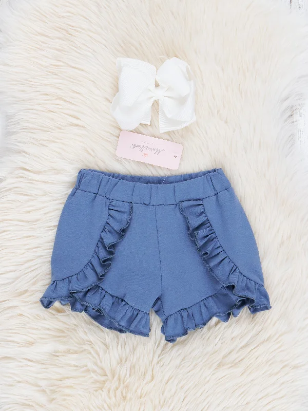 Mediterranean Blue Ruffle Trim Cotton Shorts