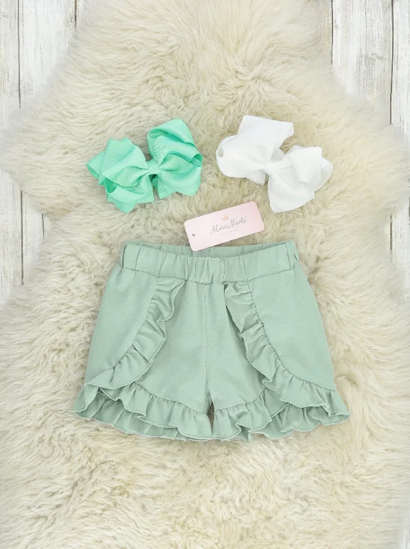 Mint Ruffle Trim Cotton Shorts