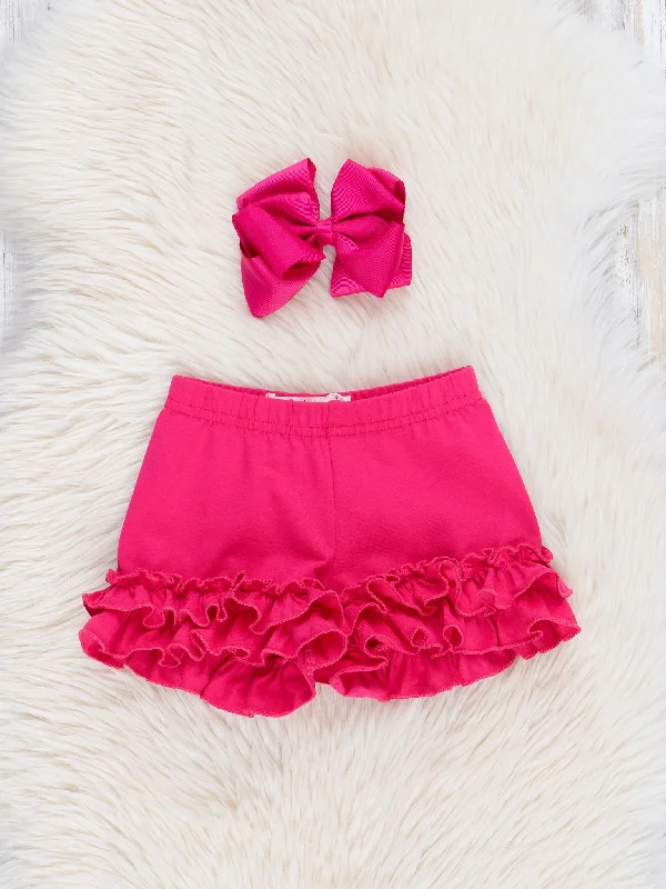 Ruffle Hem Cotton Shorts - Hot Pink