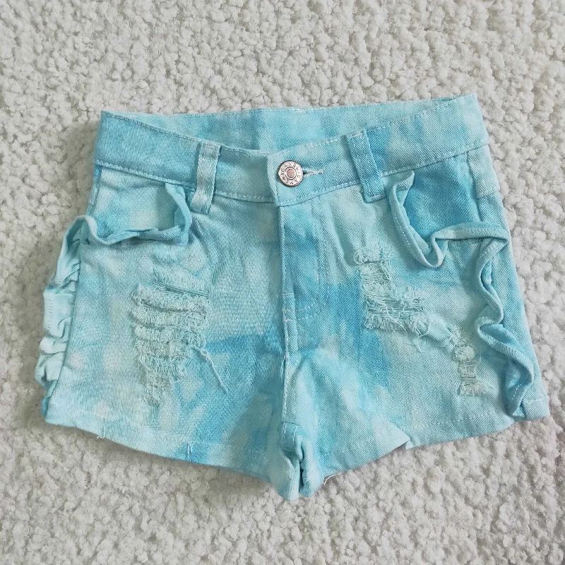 SS0008 Light Blue Distress Girls Shorts Denim Jeans