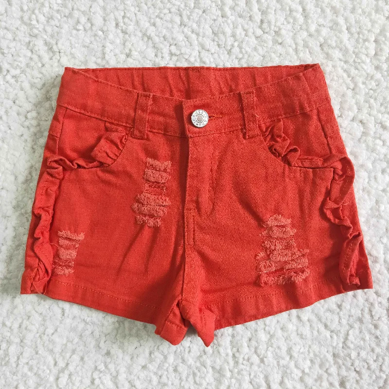 SS0010 Red Distress Girls Shorts Denim Jeans