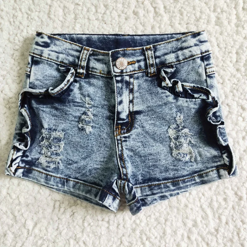 SS0011 Blue Bleaching Distress Girls Shorts Denim Jeans