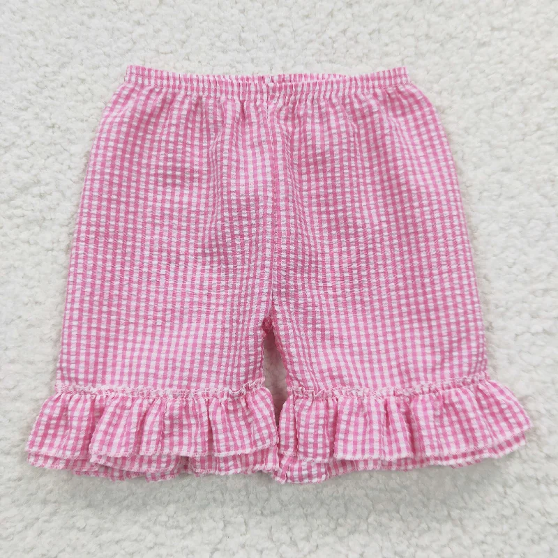 SS0063 Pink Plaid Ruffles Girls Shorts Pants