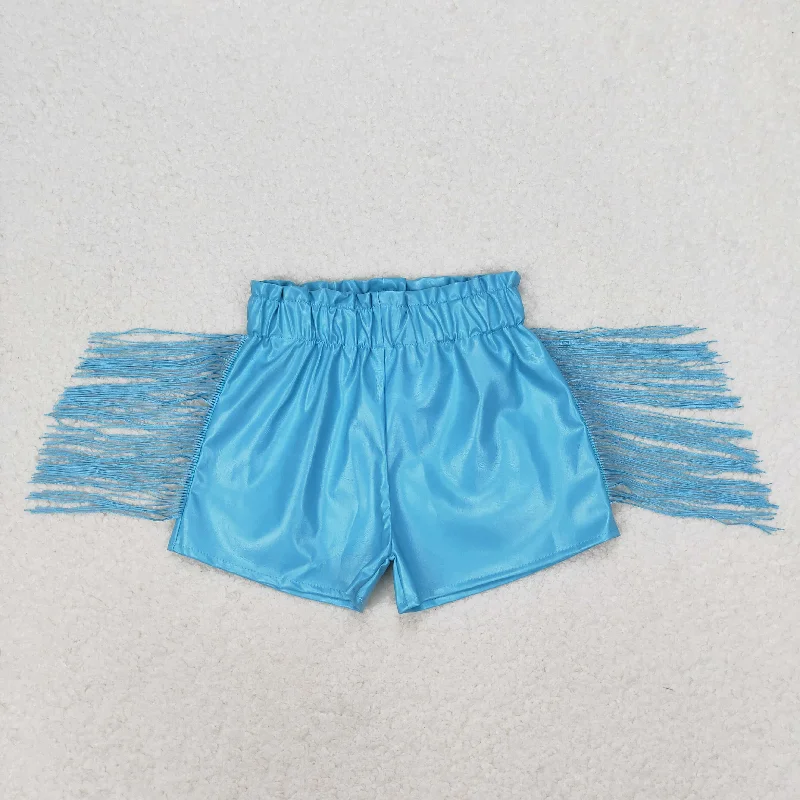 SS0241 Blue glossy leather tassel shorts high quality baby clothes girls